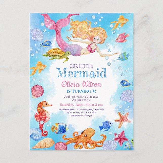 Little mermaid invitation to children's birthday postcard (Front)