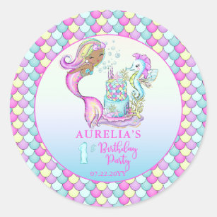 Little Mermaid of Colour - Girl 1st Birthday Party Classic Round Sticker