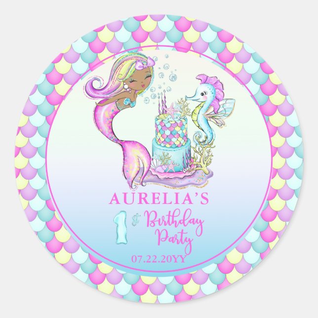Little Mermaid of Colour - Girl 1st Birthday Party Classic Round Sticker (Front)