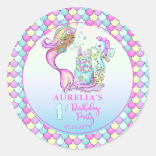 Little Mermaid of Colour - Girl 1st Birthday Party Classic Round Sticker
