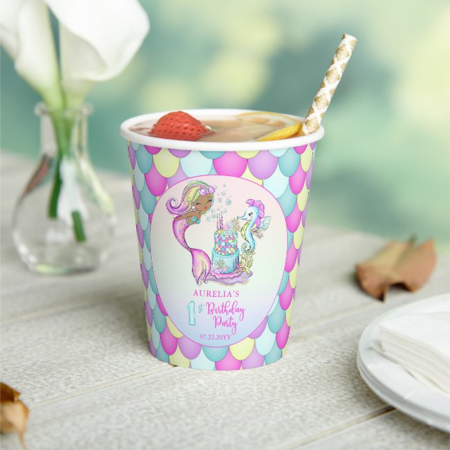 Little Mermaid of Colour - Girl 1st Birthday Party Paper Cups (Insitu)