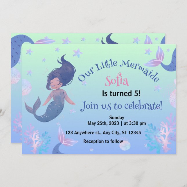 Little Mermaid  Pink 5th Birthday Invitation (Front/Back)