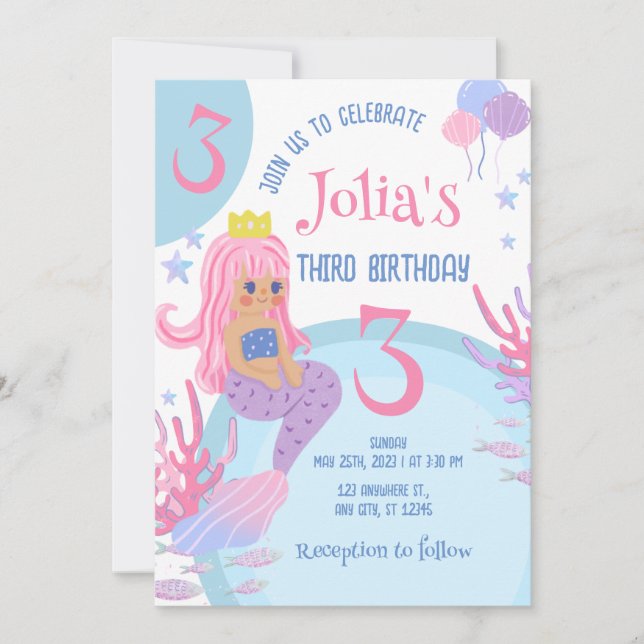 Little Mermaid pink hair Pink 3rd Birthday Invitat Invitation (Front)