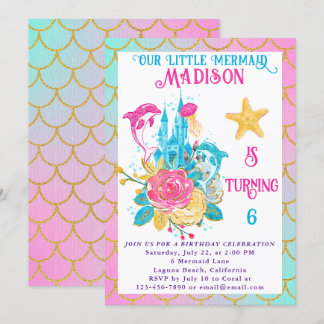 Little Mermaid Scale Pink Turquoise Gold Birthday Invitation