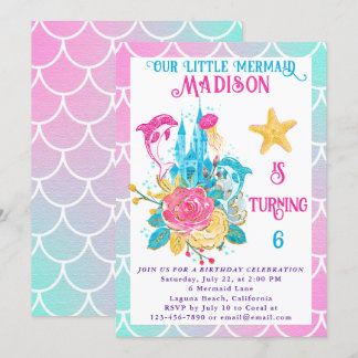 Little Mermaid Scale Pink Turquoise White Birthday Invitation