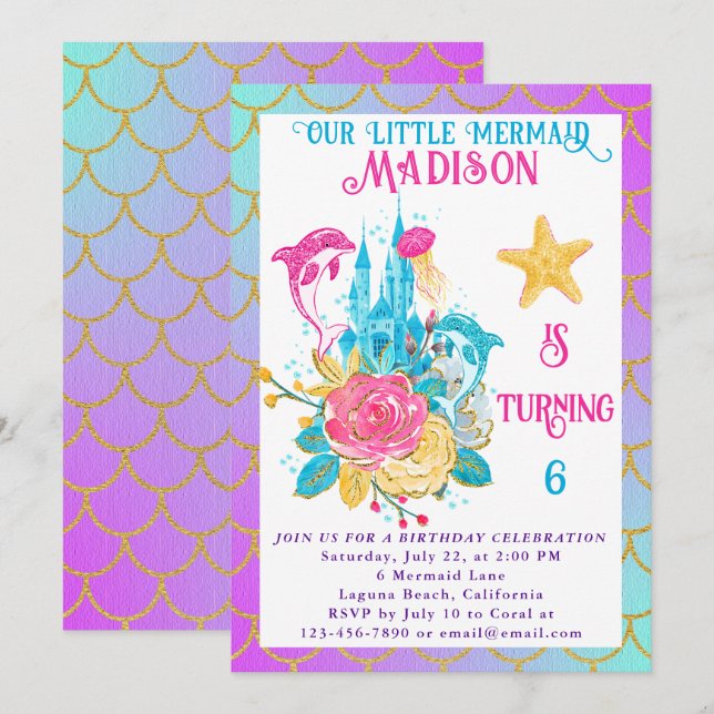 Little Mermaid Tail Purple Turquoise Gold Birthday Invitation (Front/Back)