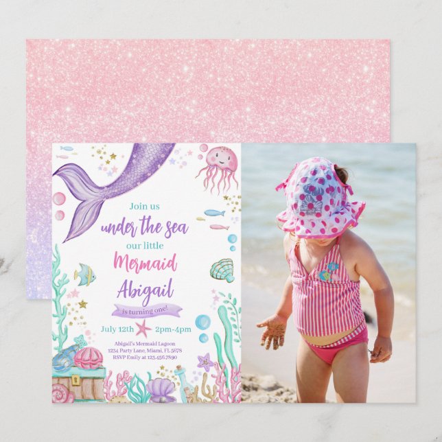 Little Mermaid Under The Sea Birthday Photo Invitation (Front/Back)