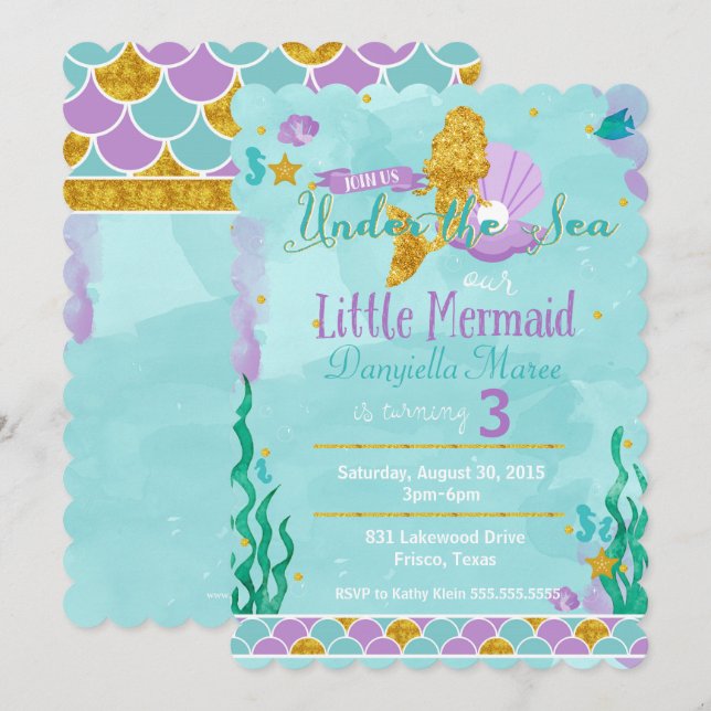 Little Mermaid Under the Sea Kids Birthday Invite (Front/Back)