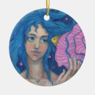 Little Mermaid, Underwater Fantasy Art, Pink Blue Ceramic Tree Decoration
