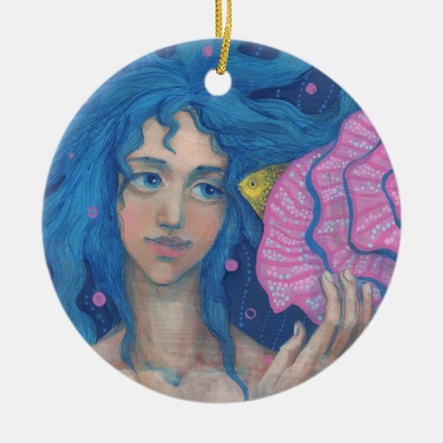 Little Mermaid, Underwater Fantasy Art, Pink Blue Ceramic Tree Decoration (Front)