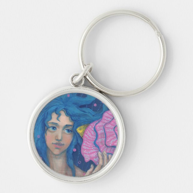 Little Mermaid, Underwater Fantasy Art, Pink Blue Key Ring (Front)