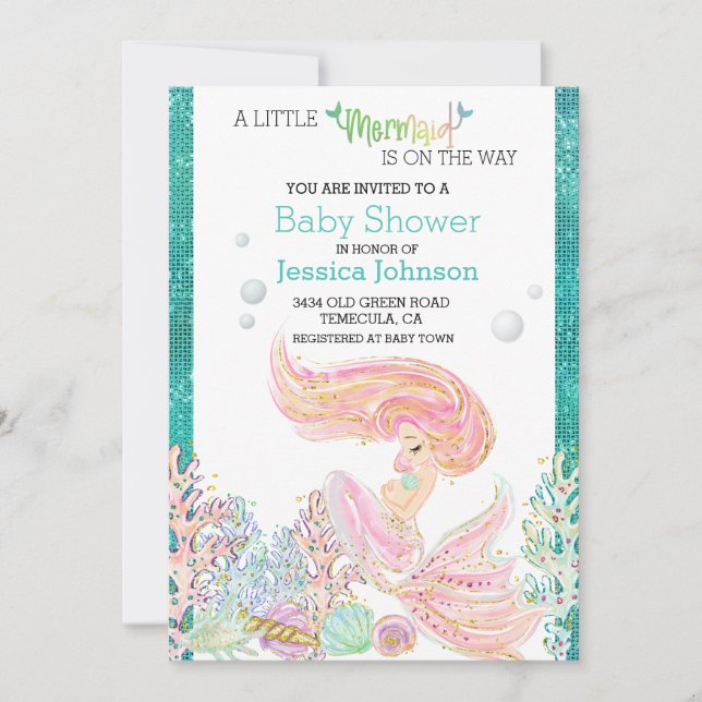  Little Mermaid Watercolor Baby Shower Glitter Invitation (Front)