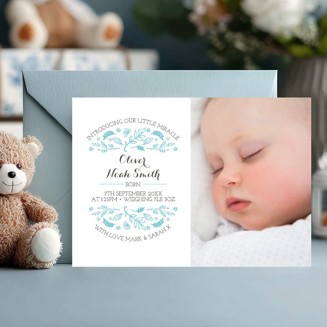 Little Miracle Baby Boy Birth Announcement (Introducing your little miracle 💙 A soft and elegant photo card to announce your baby boy’s arrival)