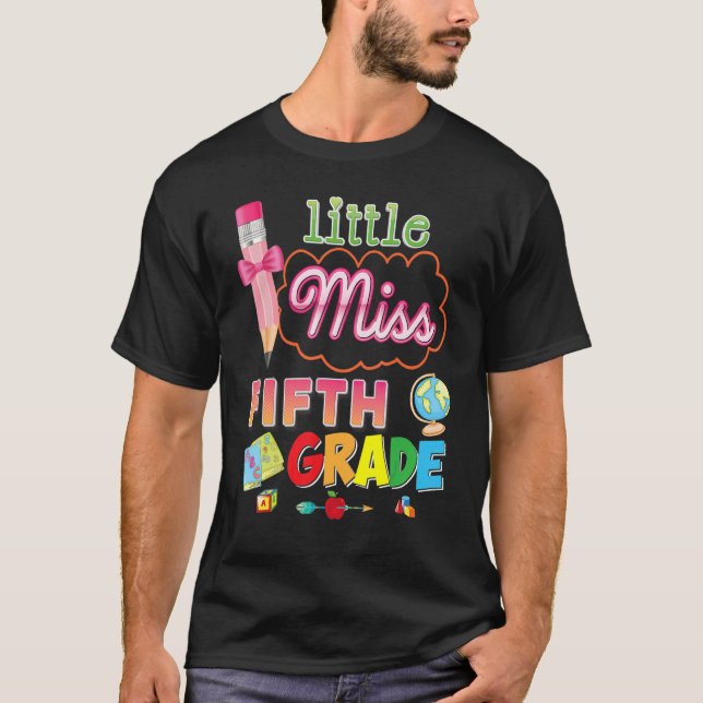 Little Miss 5th Grade Pencil Bow Back To School Fi T-Shirt (Front)