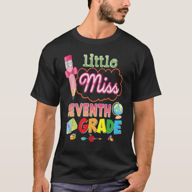 Little Miss 7th Grade Pencil Bow Back To School Se T-Shirt (Front)