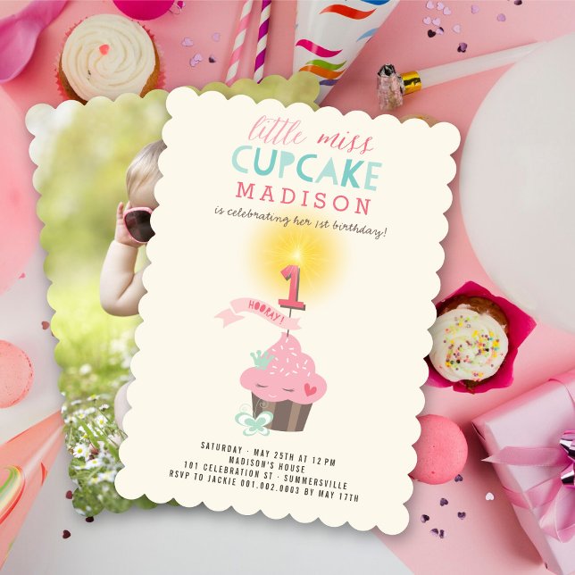 Little Miss Cupcake Princess Girl's 1st Birthday Invitation (Little Miss Pink Cupcake Princess, Whimsical Girl's 1st Birthday Party Invitation @ fat_fa_tin)