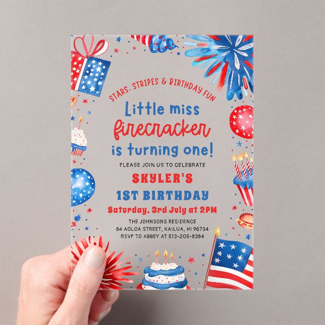 Little Miss Firecracker 4th of July 1st Birthday Acrylic Invitations (Insitu (Handheld))