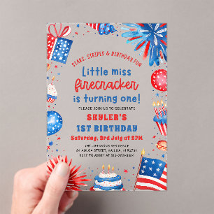 Little Miss Firecracker 4th of July 1st Birthday Acrylic Invitations