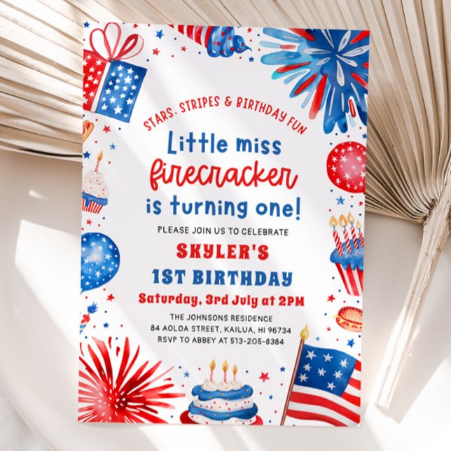 Little Miss Firecracker 4th of July 1st Birthday Invitation (Watercolor Patriotic Fireworks Little Miss Firecracker 4th of July 1st Birthday Invitation)