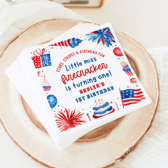 Little Miss Firecracker 4th of July 1st Birthday Napkin (Little Miss Firecracker 4th of July 1st Birthday Paper Dinner Napkins)