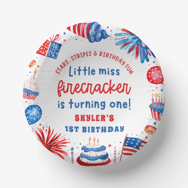 Little Miss Firecracker 4th of July 1st Birthday Paper Plate (Front)