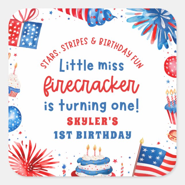 Little Miss Firecracker 4th of July 1st Birthday Square Sticker (Front)