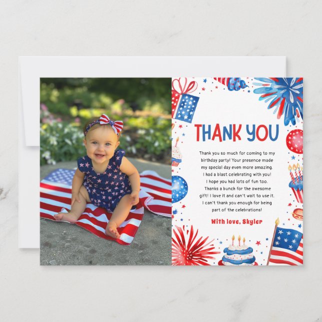 Little Miss Firecracker 4th Of July 1st Birthday Thank You Card (Front)