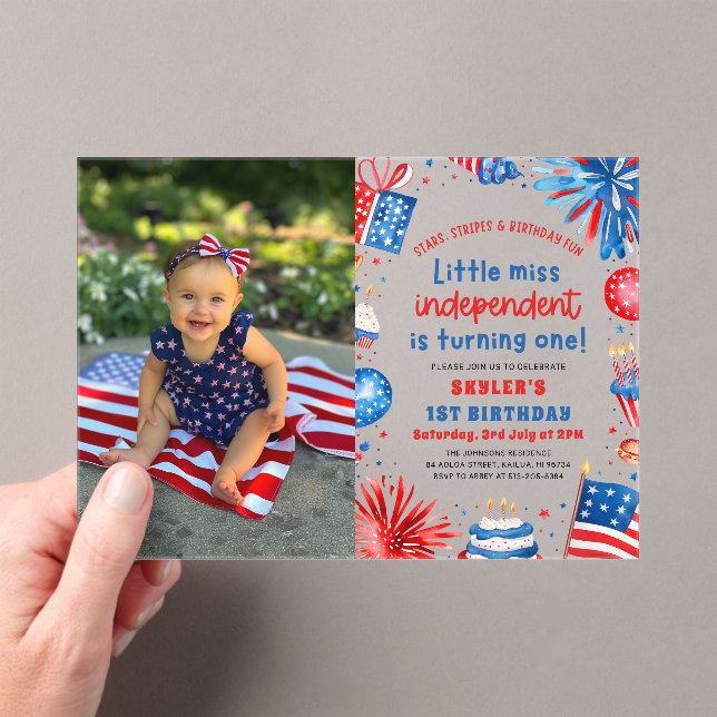 Little Miss Independent 4th of July 1st Birthday Acrylic Invitations (Insitu (Handheld))