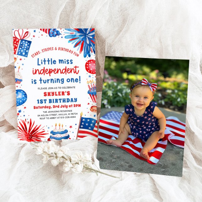 Little Miss Independent 4th of July 1st Birthday Invitation (Watercolor Fireworks Patriotic Little Miss Independent 4th of July Girl 1st Birthday Invitation)