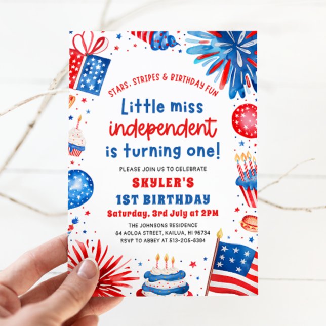 Little Miss Independent 4th of July 1st Birthday Invitation (Watercolor Fireworks Patriotic Little Miss Independent 4th of July Girl 1st Birthday Invitation)