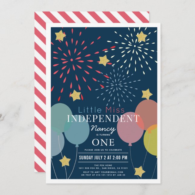 Little Miss Independent Fireworks Balloon Birthday Invitation (Front/Back)