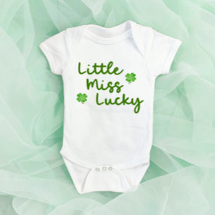 Little Miss Lucky St Patrick's Day Green Clover Baby Bodysuit