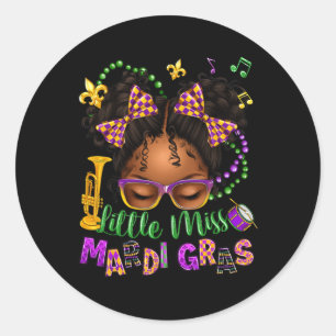Little Miss Mardi Gras Afro Messy Bun Girls Kids N Classic Round Sticker