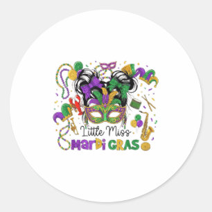 Little Miss Mardi Gras Parades Messy Bun Kids Girl Classic Round Sticker