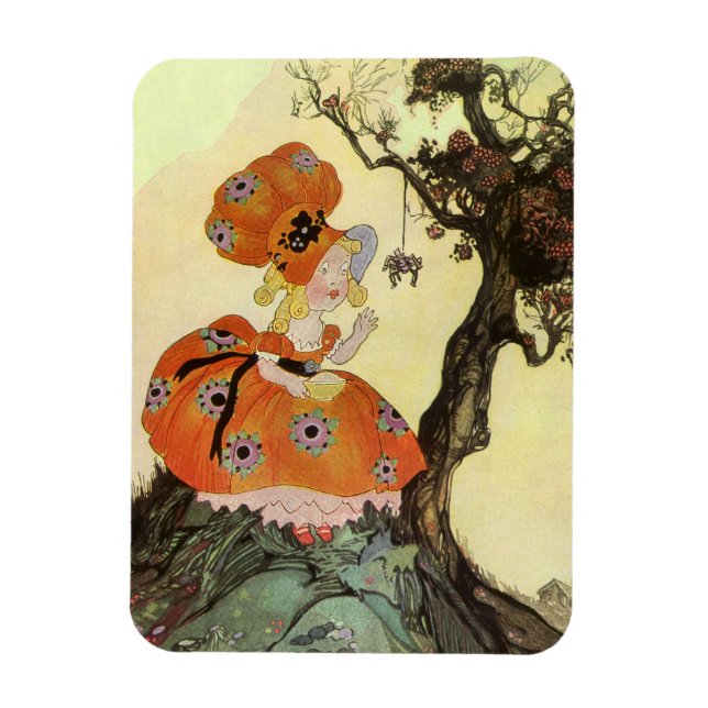 Little Miss Muffet & Spider, Vintage Mother Goose Magnet (Vertical)