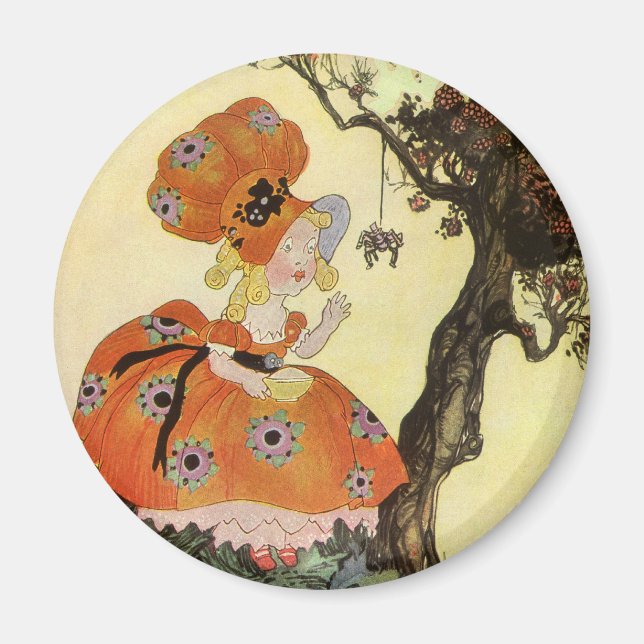 Little Miss Muffet & Spider, Vintage Mother Goose Magnet (Front)