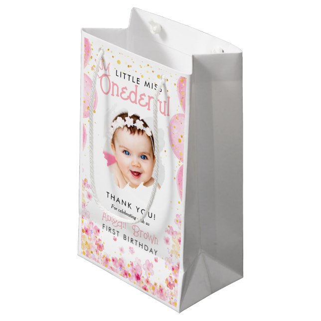 Little miss onderful 1st birthday pink party small gift bag (Front Angled)