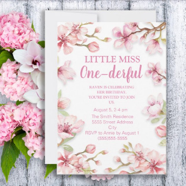Little Miss One-derful 1st Birthday Pink Floral Invitation (Creator Uploaded)