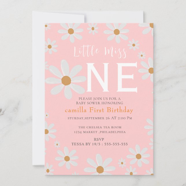  Little Miss ONE derful Daisy Flowers Birthd Invitation (Front)