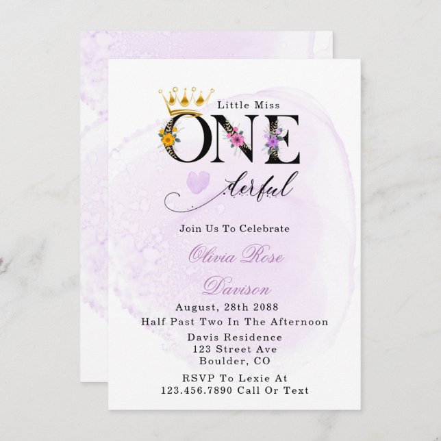 Little Miss One-derful Purple 1st Birthday Party Invitation (Front/Back)