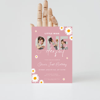 Little miss onederful 1st Birthday 3 photo daisy Invitation