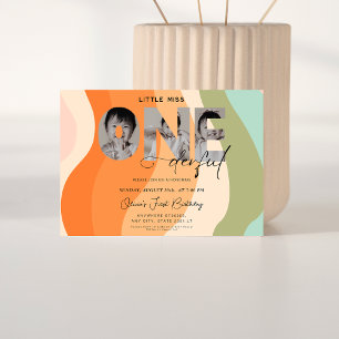 Little miss onederful 1st Birthday 3 photo groovy Invitation