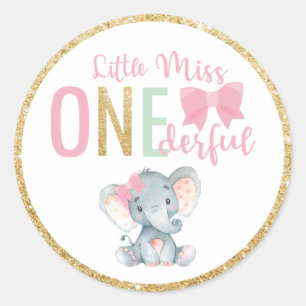 Little Miss ONEderful 1st Birthday Favour Elephant Classic Round Sticker