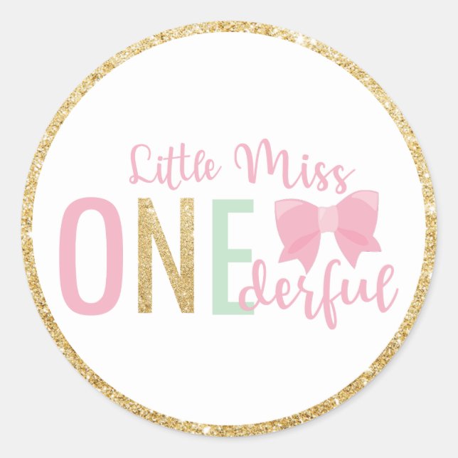 Little Miss ONEderful 1st Birthday Favour Gold Pin Classic Round Sticker (Front)