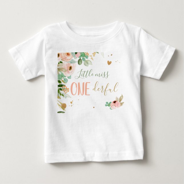 Little Miss Onederful 1st  Birthday Girl Flowers Baby T-Shirt (Front)