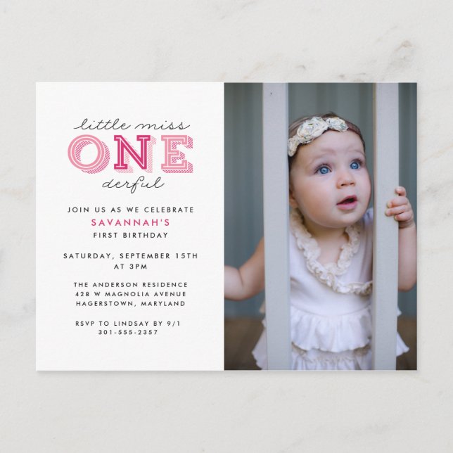 Little Miss Onederful 1st Birthday Photo Party Postcard (Front)