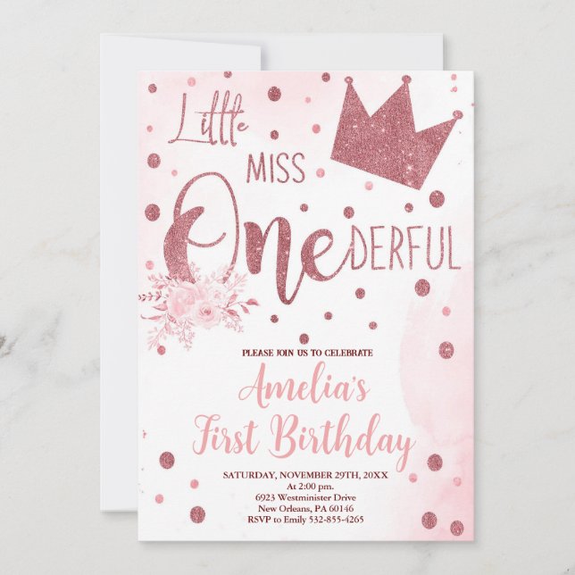 Little Miss Onederful Birthday, 1st Birthday Invitation (Front)