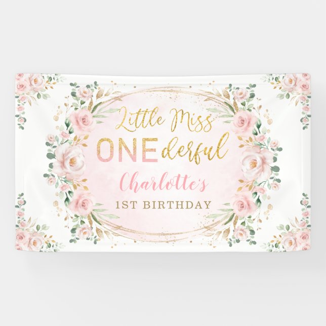 Little Miss ONEderful Birthday Blush Gold Floral Banner (Horizontal)