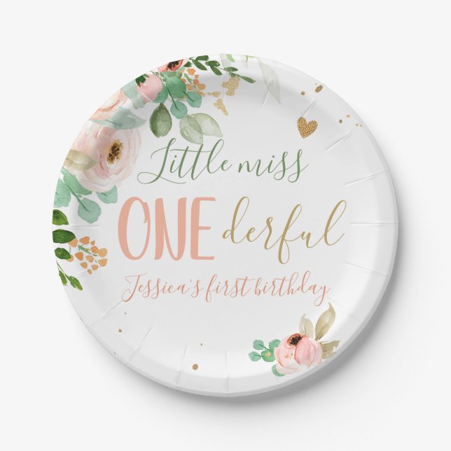 Little Miss Onederful Birthday Pink Girl Flowers Paper Plate (Front)