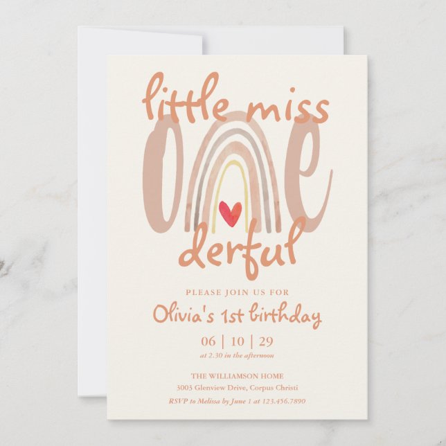 Little Miss Onederful Boho Rainbow 1st Birthday Invitation (Front)